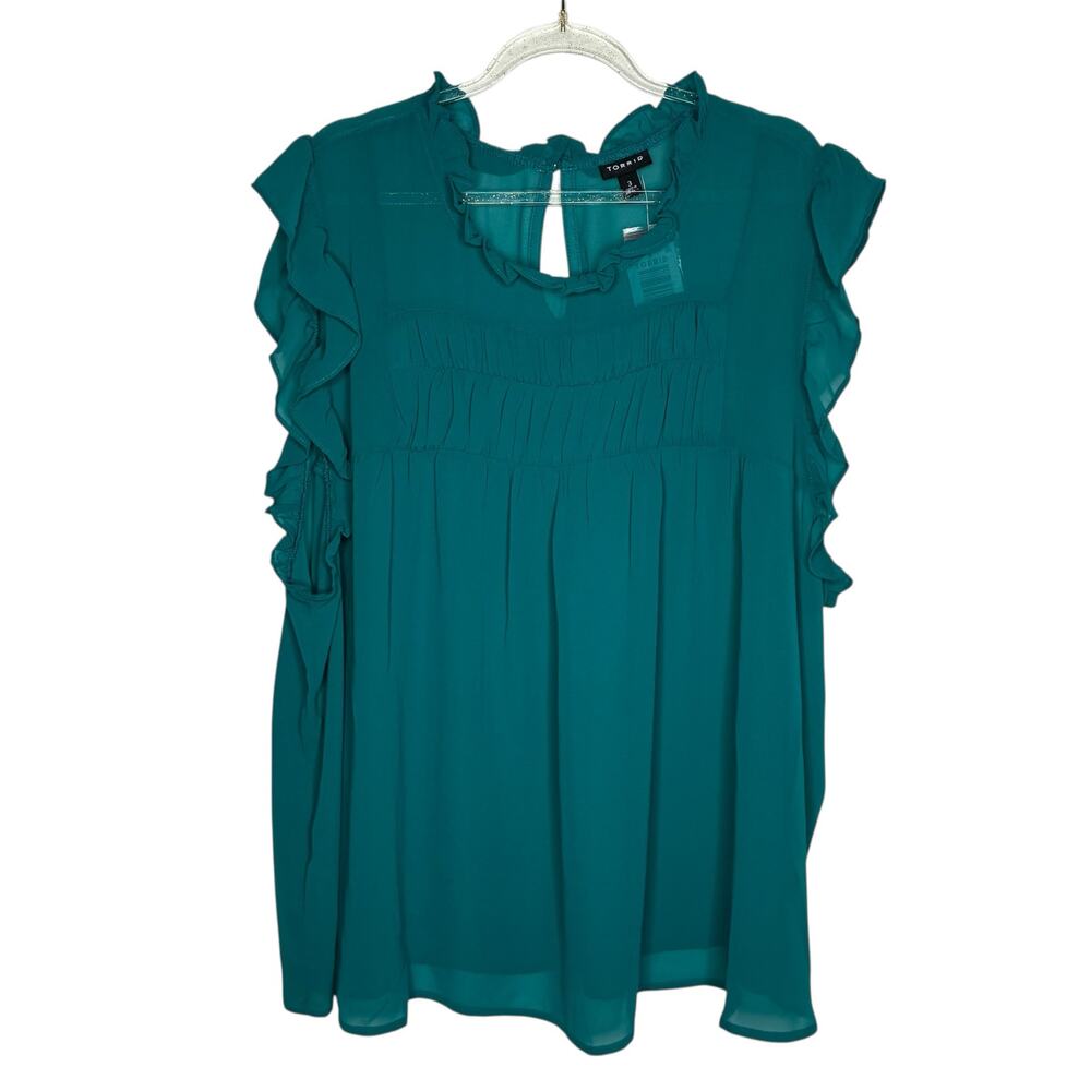 Torrid Womens 3/3X Everglade‎ Chiffon Ruffle Smocked Top Sheer Fairy Glam NEW